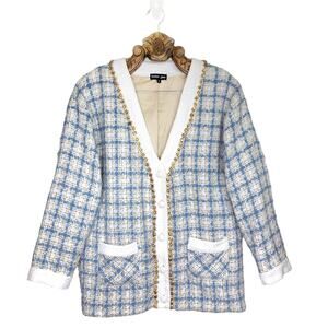 Sister Jane Blazer Cardigan Metallic Blue Tweed Plaid Long Bejeweled V Neck S